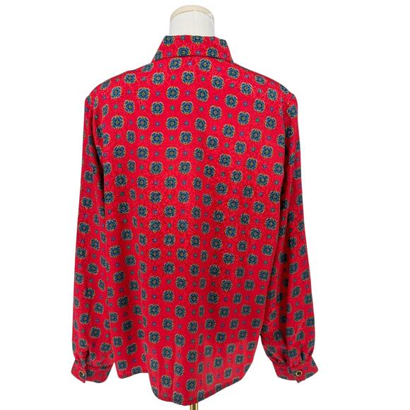 Vintage 1980s Satin Jacquard Printed Button Front Shirt Women 16 XL Red Brocade - Picture 3 of 10